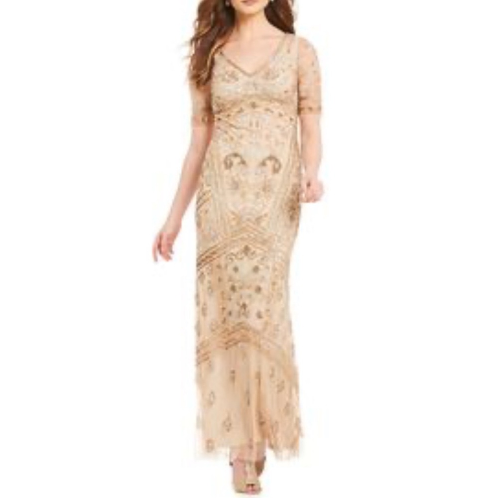 Adrianna Papell Covered Bead Dress Champ Gold Size 8 Short Sleeve V Neck NWT